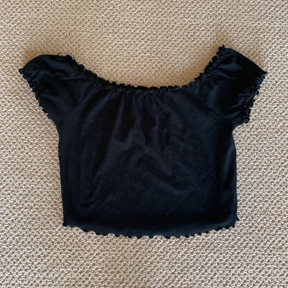 Black Cropped Off The Shoulder Scalloped Edge Top